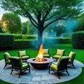 An image of a beautiful outdoor seating with several luxurious chairs arranged around a fire