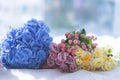 Image of beautiful spray roses, hydrangea, hypericum on light background