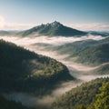 Beautiful summer scenery. Morning fog spreads on the mountain valley. Panoramic summer scene of Carpathian village. Royalty Free Stock Photo