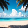 Beautiful tropical beach panoramic view, turquoise sea water, ocean waves, yellow sand, sun in blue sky, white clouds, Royalty Free Stock Photo