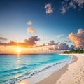 Beautiful tropical beach panoramic view, turquoise sea water, ocean waves, yellow sand, sun in blue sky, white clouds, Royalty Free Stock Photo