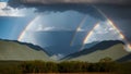 An Image Of A Beautiful View Of A Rainbow Over A Mountain Range AI Generative Royalty Free Stock Photo