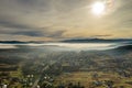 Image of beautiful village in the mountains, view of fog over little town, many houses in Lebanese mountain, gorgeous landscape, Royalty Free Stock Photo