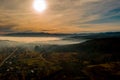 Image of beautiful village in the mountains, view of fog over little town, many houses in Lebanese mountain, gorgeous landscape, Royalty Free Stock Photo