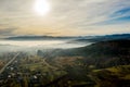 Image of beautiful village in the mountains, view of fog over little town, many houses in Lebanese mountain, gorgeous landscape, Royalty Free Stock Photo