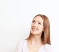 Image of beautiful woman thinking while smiling over white background