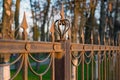 Image of a beautiful wrought fence with artistic forging needed to be painted. Metal guardrail close up.