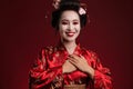 Image of beautiful geisha woman in traditional japanese kimono smiling Royalty Free Stock Photo