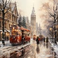 Winter in the City, Tram Rolling Down the City in Sepia-Toned Watercolor Style