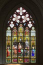 Gothic Tapestry of Light: Stained Glass of Saint Nicholas Church, Ghent Royalty Free Stock Photo