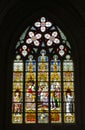 Gothic Tapestry of Light: Stained Glass of Saint Nicholas Church, Ghent Royalty Free Stock Photo