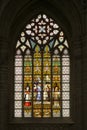 Gothic Tapestry of Light: Stained Glass of Saint Nicholas Church, Ghent Royalty Free Stock Photo