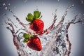 image beautifully captures a ripe strawberry, its surface adorned with glistening water droplets from a refreshing splash.