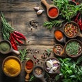 Colorful Spices and Fresh Herbs on Rustic Wooden Table