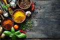 Colorful Spices and Fresh Herbs on Rustic Wooden Table