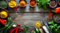 Colorful Spices and Fresh Herbs on Rustic Wooden Table