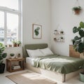 Bedroom interior with a bed nightstand wardrobe and window and plant cartoon illustration Royalty Free Stock Photo