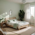 Bedroom interior with a bed nightstand wardrobe and window and plant cartoon illustration Royalty Free Stock Photo