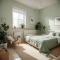 Bedroom interior with a bed nightstand wardrobe and window and plant cartoon illustration Royalty Free Stock Photo