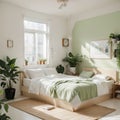 Bedroom interior with a bed nightstand wardrobe and window and plant cartoon illustration Royalty Free Stock Photo