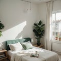 Bedroom interior with a bed nightstand wardrobe and window and plant cartoon illustration Royalty Free Stock Photo