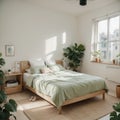 Bedroom interior with a bed nightstand wardrobe and window and plant cartoon illustration Royalty Free Stock Photo