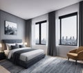 A bedroom with a large window overlooking the city skyline. Royalty Free Stock Photo