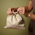 Image Beige setting, a womans hand secures a subsidy canvas bag