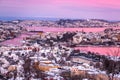 Winter City Scenery with Aerial View of Bergen Center at Pink Dawn