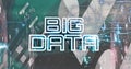 Image of big data text, network of connections over financial data processing