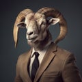 Image of a bighorn sheep businessman wearing a suit on clean background. Farm animals. Illustration, generative AI