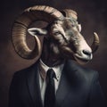 Image of a bighorn sheep businessman wearing a suit on clean background. Farm animals. Illustration, generative AI