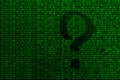 An image of a binary code from bright green digits, through which the form of a question mark is visible