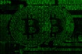 Image of the binary code from bright green digits, through which the image of the physical bitcoin Royalty Free Stock Photo