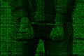 An image of a binary code from bright green figures, through which the image of an arrested and handcuffed person.