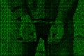 An image of a binary code from bright green figures, through which the image of an arrested and handcuffed person