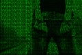 An image of a binary code from bright green figures, through which the image of an arrested and handcuffed person.