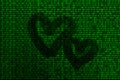 Image of the binary code from bright green figures, through which the shape of the heart is visible