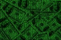 Image of binary code from bright green numbers, through which you can see a lot of dollars Royalty Free Stock Photo