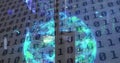 Image of binary code and globe over servers Royalty Free Stock Photo