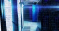 Image of binary code and lights over servers Royalty Free Stock Photo