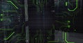 Image of binary codes and circuit board pattern over server room in background Royalty Free Stock Photo