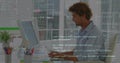 Image of binary codes, computer language, caucasian man riding on chair and working on laptop Royalty Free Stock Photo