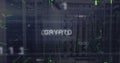 Image of binary codes and crypto text with circuit board pattern over data server systems Royalty Free Stock Photo