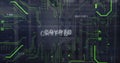 Image of binary codes and crypto text with circuit board pattern over data server systems Royalty Free Stock Photo
