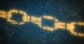 Image of binary codes forming chain and connected dots moving on abstract background