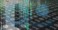 Image of binary codes, graphs with hud processing on digital interface Royalty Free Stock Photo