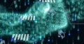 Image of binary codes moving in wave patterns over globes and graphs Royalty Free Stock Photo