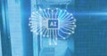 Image of binary codes over ai text in chip against server room in background