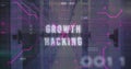 Image of binary codes over circuit board pattern and growth hacking text against server room Royalty Free Stock Photo